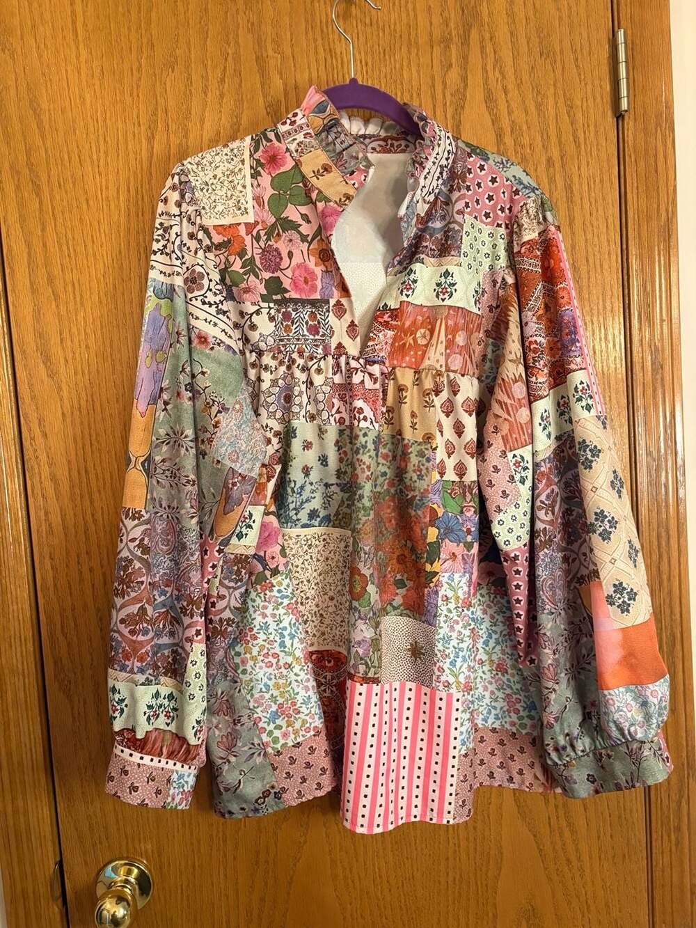 Multicolor Patchwork Print Long Sleeve Boho Blouse Top